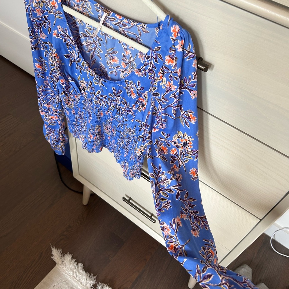 Free People Blue and White Asymmetrical Ruffled Blouse